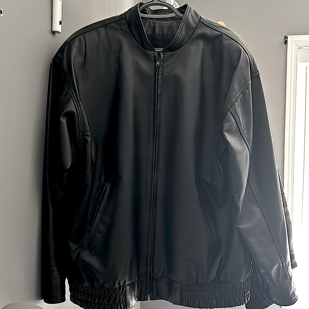 Black leather jacket, bomber jacket